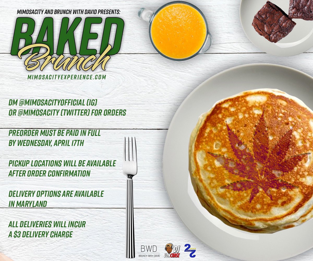 ChoppednHued's tweet photo. So I heard y’all like brunch and I’m coming out of retirement this 4/20...I hope y’all ready
A Pop-up, preorder infused brunch meals coming to you this 4/20! #MimosaCity #BrunchWithDavid https://t.co/e9xj6rmygR