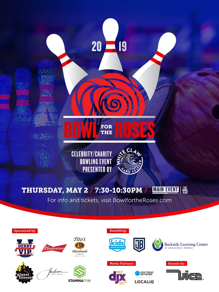 DerbyVIP.com (@derbyvip) on Twitter photo Bowl for the Roses Presented by <a href="/WhiteClaw/">White Claw</a> Thursday, May 2nd at Main Event! Benefiting <a href="/KidsCancerAlnce/">Kids Cancer Alliance</a> <a href="/Backside_LC/">Backside Learning Center</a> & <a href="/JBF6868/">Philadelphia Eagles Jamon Brown Foundation</a> Foundation - Music by World Famous <a href="/djvice/">VICE</a> - Get Tickets ASAP at BowlfortheRoses.com Bowl for the Roses Presented by <a href="/WhiteClaw/">White Claw</a> Thursday, May 2nd at Main Event! Benefiting <a href="/KidsCancerAlnce/">Kids Cancer Alliance</a> <a href="/Backside_LC/">Backside Learning Center</a> & <a href="/JBF6868/">Philadelphia Eagles Jamon Brown Foundation</a> Foundation - Music by World Famous <a href="/djvice/">VICE</a> - Get Tickets ASAP at BowlfortheRoses.com