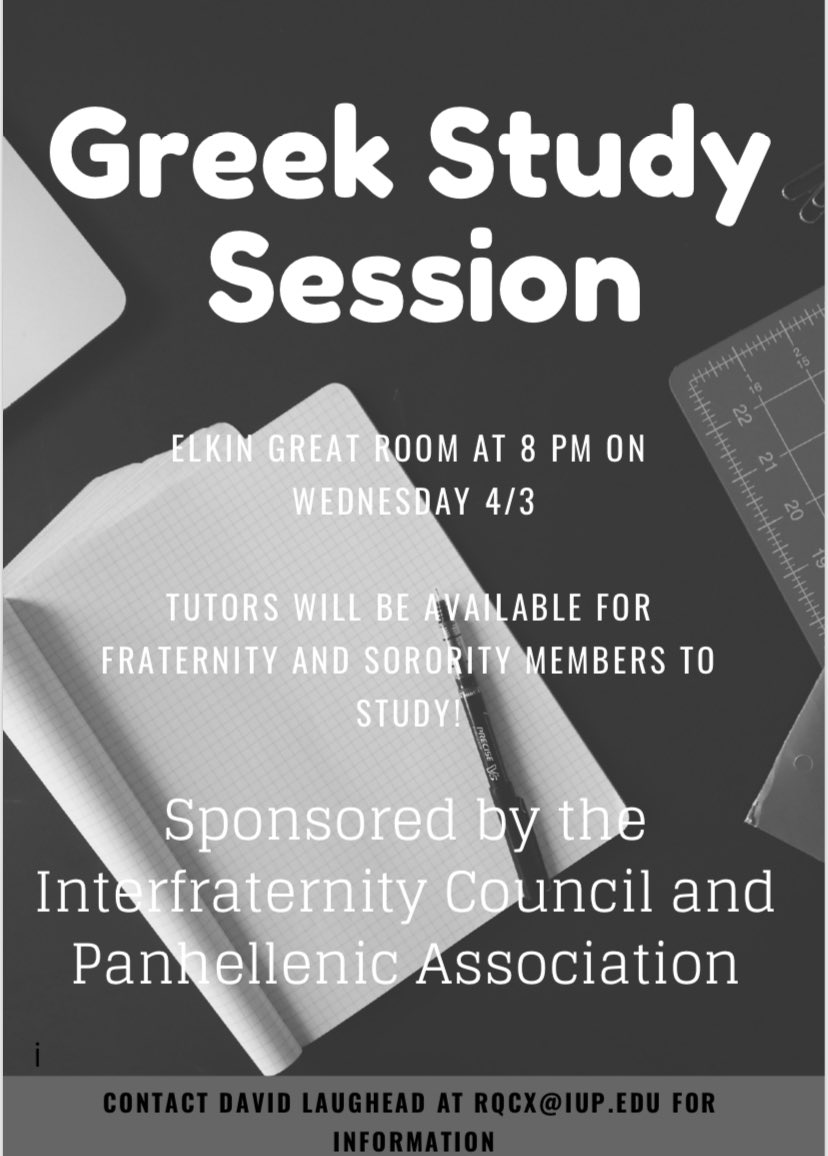 Come out to the Elkin Great Room this Wednesday at 8PM for a study session! All Greek life is welcome and tutors will be available!