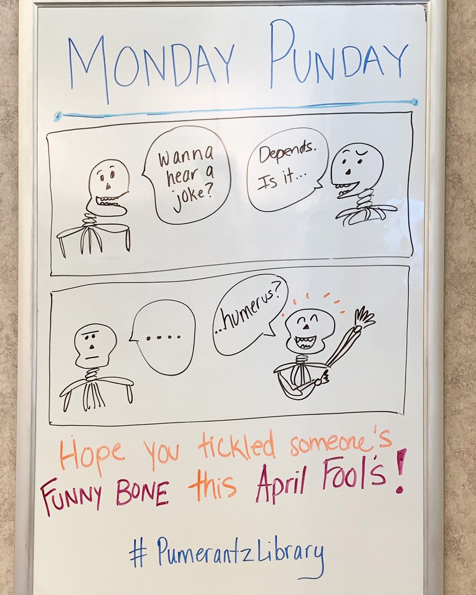 pumerantzlib's tweet photo. Happy Monday Punday: April Foolโs Day edition. Here at Pumerantz Library, we have a skeleTON of jokes - not to mention actual skeletons lingering the library (each one named after a member of The Beatles)! #pumerantzlibrary #westernuway @WesternUNews https://t.co/7J3yacjrSM