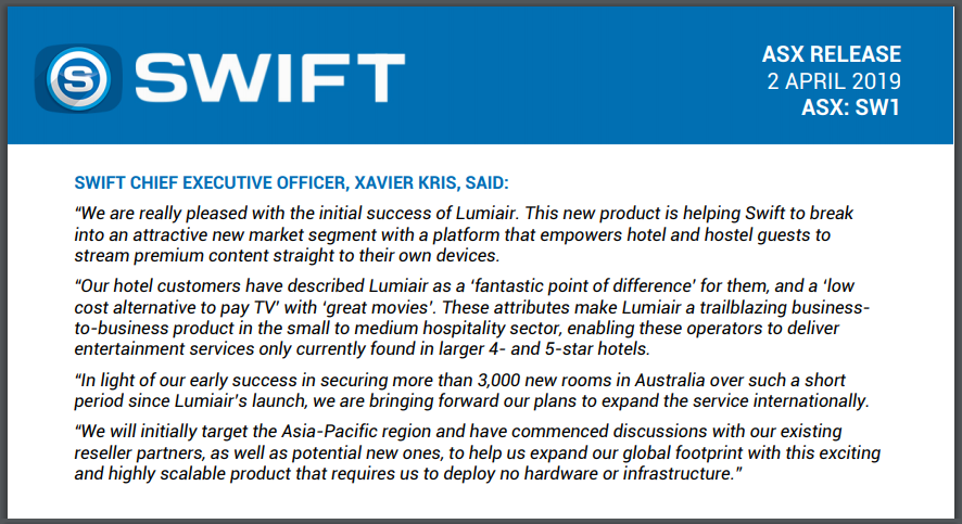 TimDohrmann's tweet photo. #Media business #SwiftMedia (#ASX: $SW1) is achieving strong room growth through its newly-deployed, highly scalable, cloud-based, ad-ready #entertainment platform, #Lumiair. Next step: int'l expansion. 🎬

📝: https://t.co/gVIx1hzBVI

#SW1 #tech #SVOD #advertising #SwiftNetworks https://t.co/TxYhiwFhtl