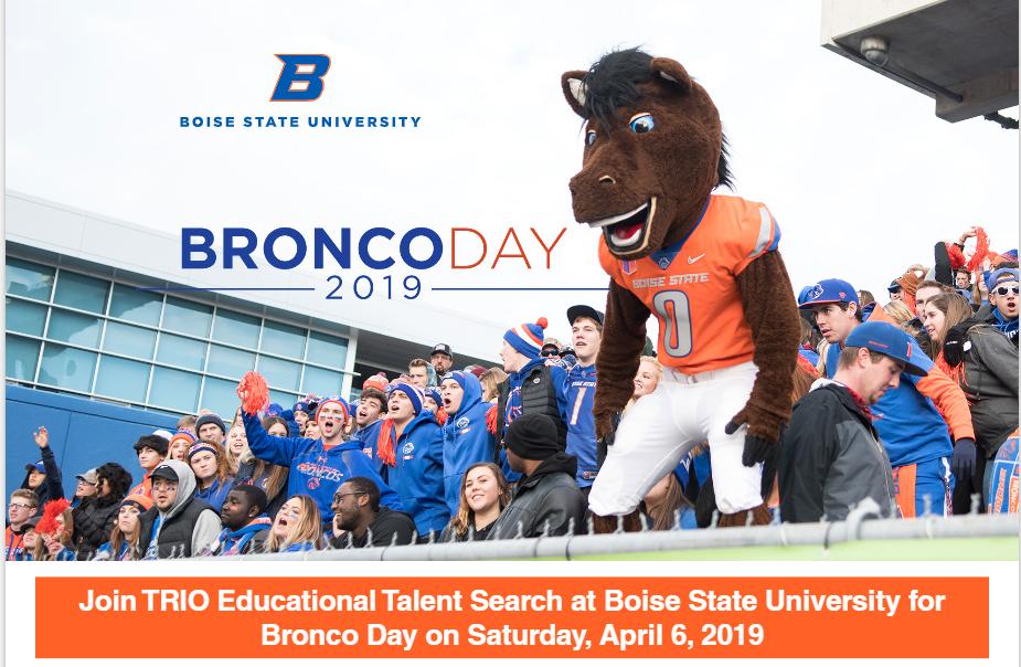 TRIOETSBoiseSt's tweet photo. Don't forget Bronco Day is this Saturday! Turn in permission slips to your specialist by Thursday, April 4th and register for Bronco Day by going to https://t.co/YednWHE9L4 and selecting the “Register Now” button. Family is invited to attend! #TRIOWORKS #BoiseState https://t.co/bzujf7ZtPF