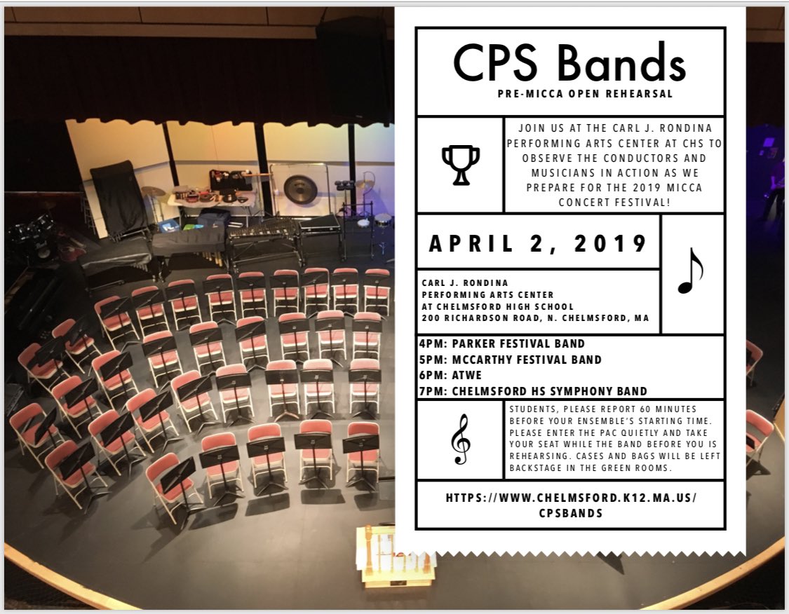 Tomorrow night at Carl J. Rondina PAC! @ChristyWhittles <a href="/dr_hirsch/">Linda Hirsch</a> <a href="/CHSBands/">Chelmsford High Band</a> @ParkerMSBands <a href="/drjaylang/">Dr. Jay Lang</a> <a href="/mccarthytrim/">McCarthy Tri-M</a> <a href="/ChelmsfordATWE/">Chelmsford All Town Wind Ensemble</a>