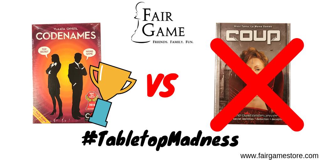 FairGameStore's tweet image. Codenames defeats Coup and finds a place in the #TabletopMadness Final Four!