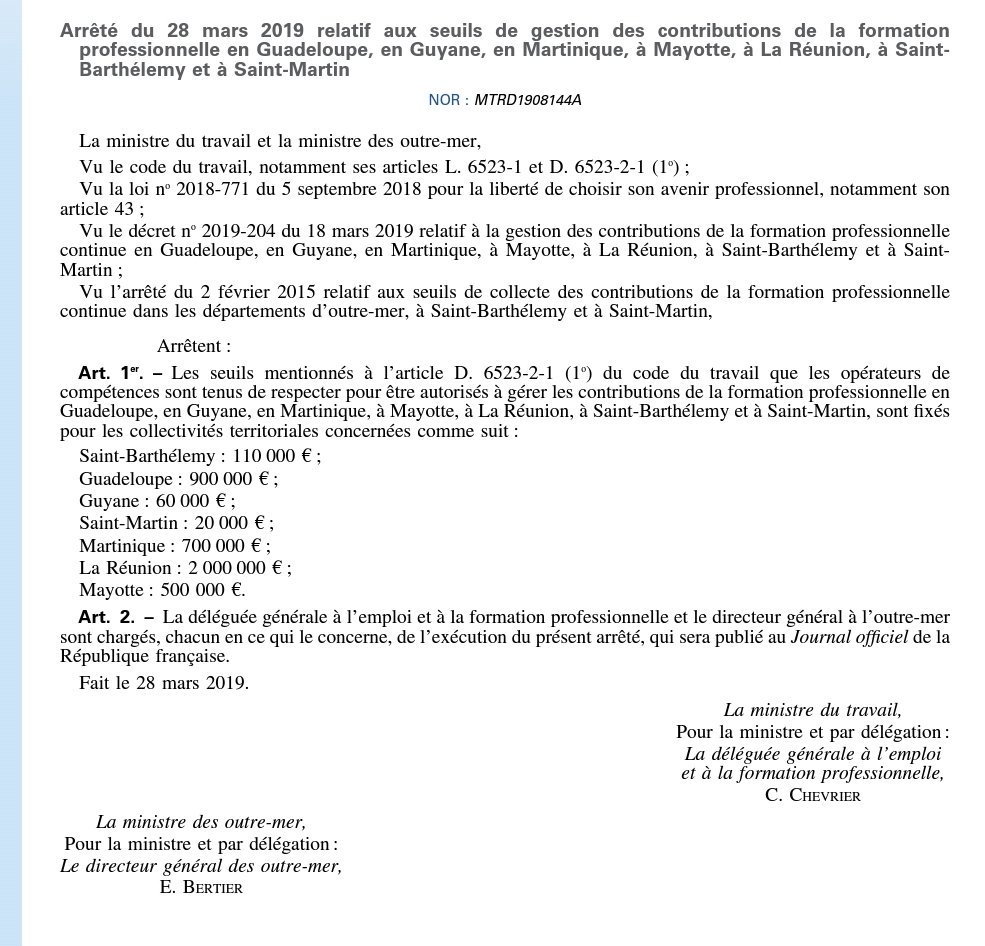 O_PHELIP's tweet photo. #AvenirPro &amp; #OPCO
Un arrêté fixe les seuils que les opérateurs de #compétences doivent atteindre pour être autorisés à gérer outre-mer ( #Guadeloupe, #Guyane, #Martinique, #Mayotte, #LaRéunion, #SaintBarthélemy #SaintMartin ) les contributions de la #formation professionnelle https://t.co/OckqvoAbZ8