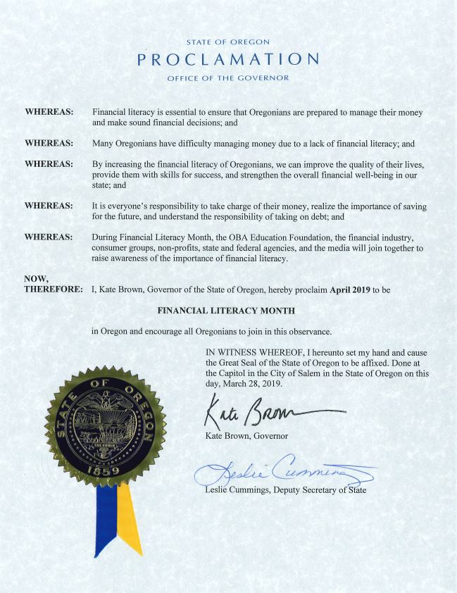 ORBankers's tweet photo. Thank you @OregonGovBrown for proclaiming April #FinancialLiteracyMonth in Oregon. The OBA Education Foundation is proud to support programs aimed at increasing the financial literacy of Oregonians. #OregonBanking https://t.co/JO8dHLpnXz