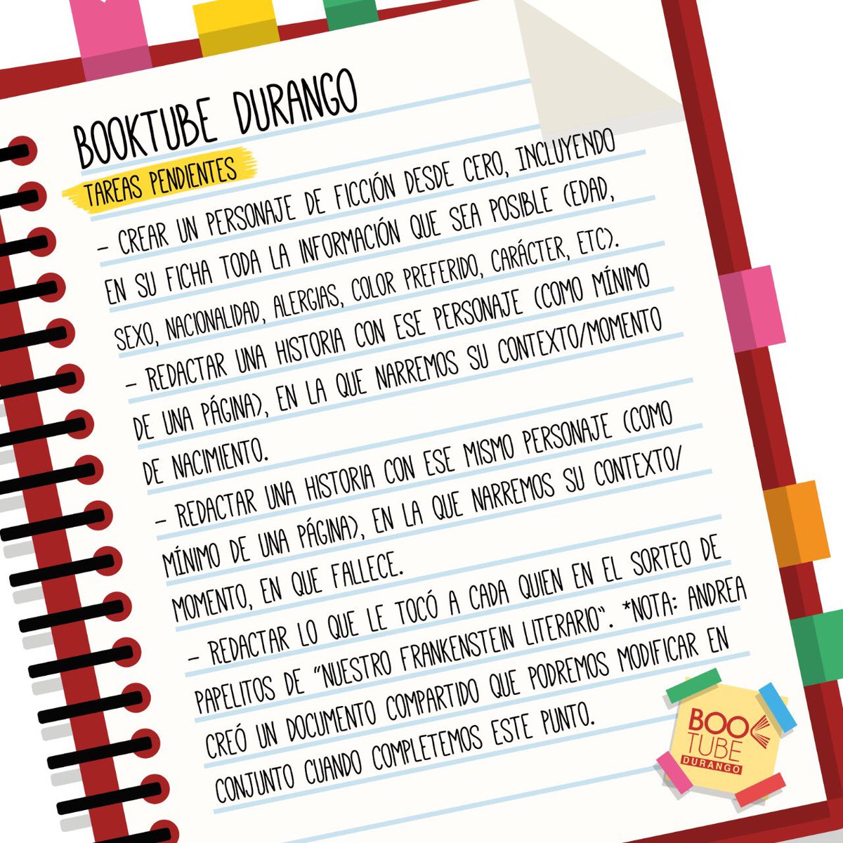 BooktubeDurango's tweet photo. La última reunión de #BookTubeDurango giró en torno a la creación de personajes literarios. Dejamos por aquí las tareas pendientes y les invitamos a llevar sus ejercicios para compartirlos 😉
Estamos por programar el próximo encuentro y definir su temática, ¡Estén pendientes! https://t.co/dIbRc1NM2u