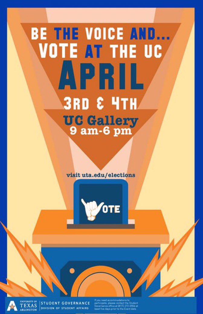 UTAbigevent's tweet photo. Campus Elections are this Wednesday &amp; Thursday. Vote for Mr. &amp; Ms. UTA, Student Body President &amp; VP, Ambassadors &amp; Senators! https://t.co/NsPftx2IXJ