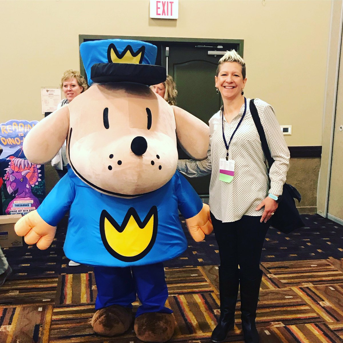 ICSMilwaukee's tweet photo. Mrs. Zembroski was so excited to have her picture taken with Dog Man while she was attending the #WisconsinEducationalMedia and #TechnologyAssociation conference.  The theme for this year is Many Voices, Many Choices. #ICSEagles https://t.co/r3kkQkWm5N