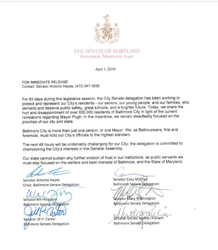 SenatorMcCray's tweet photo. Statement from Baltimore City Senate Delegation. https://t.co/JPRZtZSFPq