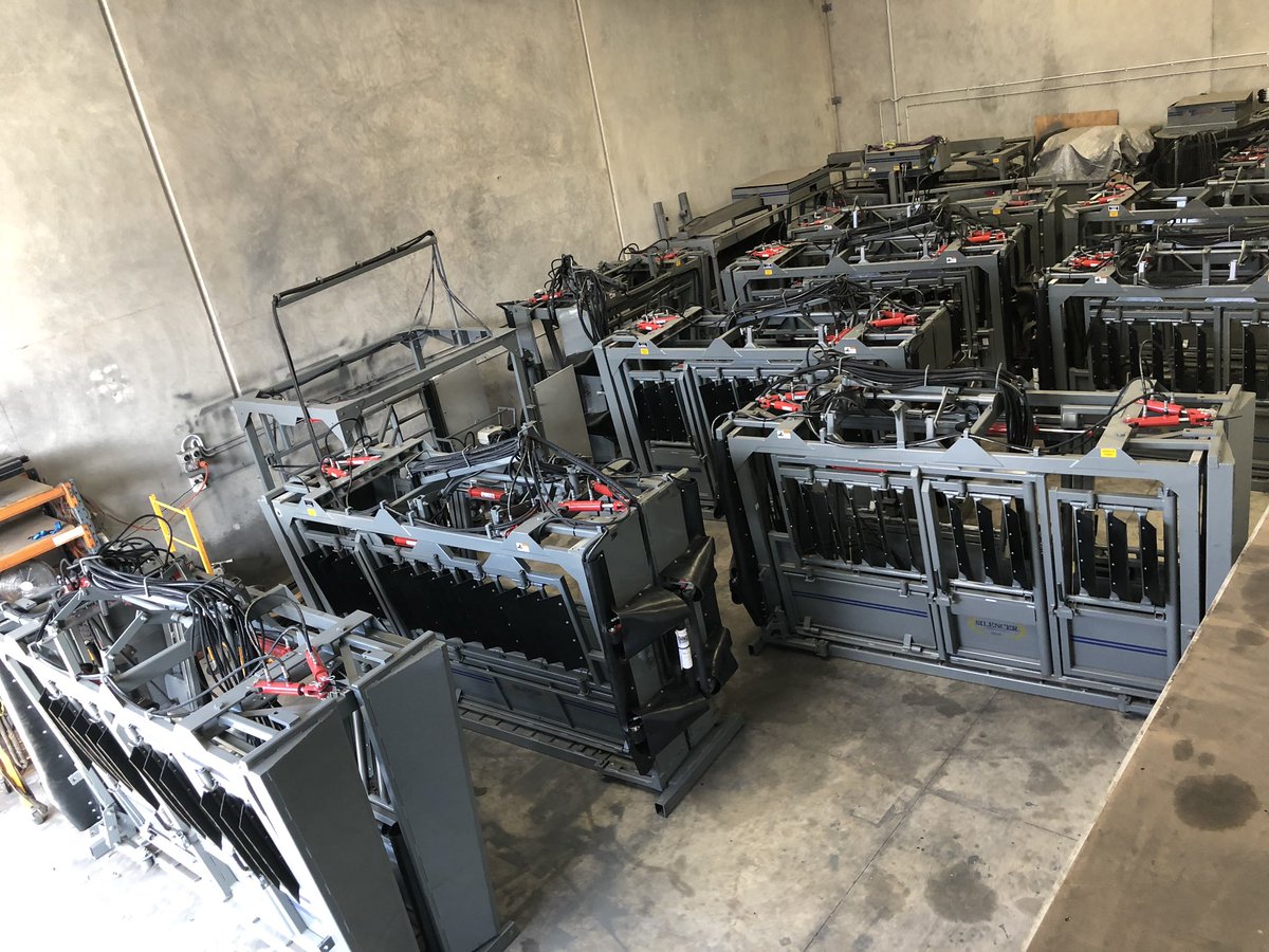 CatagraGroup's tweet photo. The newly empty Silencer work shop fills back up very quickly around here with new Silencers Hydraulic Cattle Crushes, They are in for final touches and testings before they are delivered to awaiting customers to make their cattle handling easier.
#CattleCrush #CustomBuilt https://t.co/ChKmfsuwDB