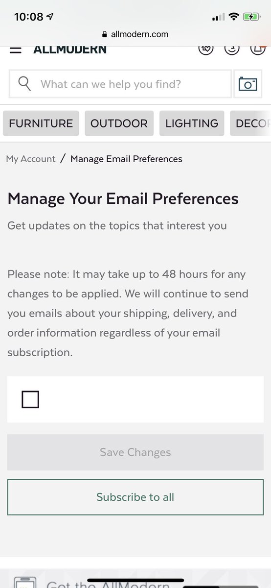 skelskell's tweet photo. @allmodern it’s impossible to unsubscribe from your email list. I’ve tried everything, there’s no unsubscribe link in your emails, and both the app and website don’t give me any options. Holding my data hostage is not cool. Please fix this. #GDPRfail https://t.co/7GOB7OIswU