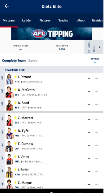 MCLukeyG's tweet photo. @AFLFantasy Can you tell me how to see my players score/average and have the option to trade/delist without having to swap screens in the app? https://t.co/ZWwAHip3yx