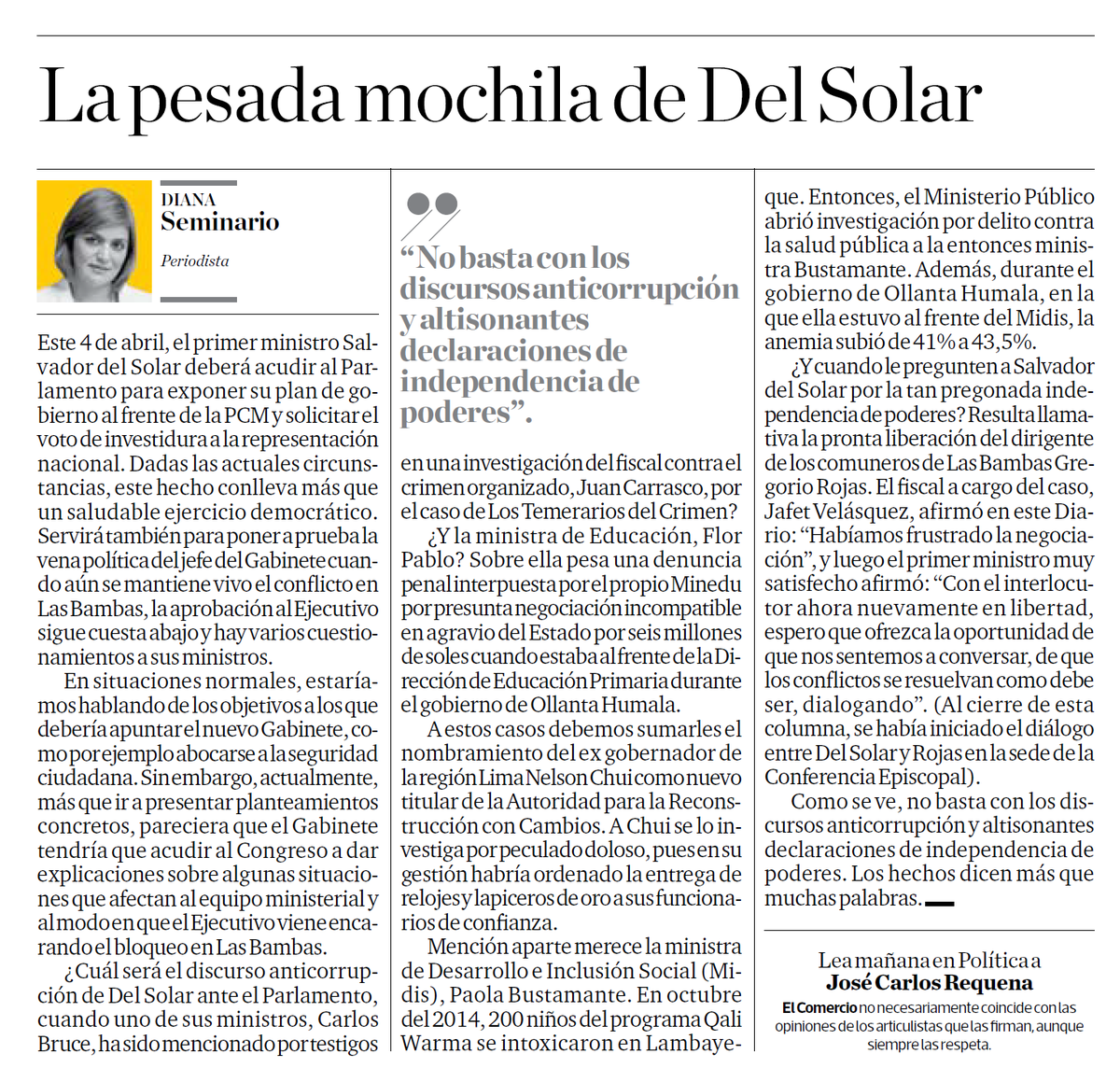 Perudefensavida's tweet photo. Artículo de @Dianasemi pone atención sobre un #GabineteDelSolar que irá al @congresoperu con varios Ministros con problemas en @MineduPeru, @MidisPeru y @viviendaperu, sin contar con designación de #NelsonChui. Sería un desastre que se hagan de la vista gorda. https://t.co/i8lBdqmGT2