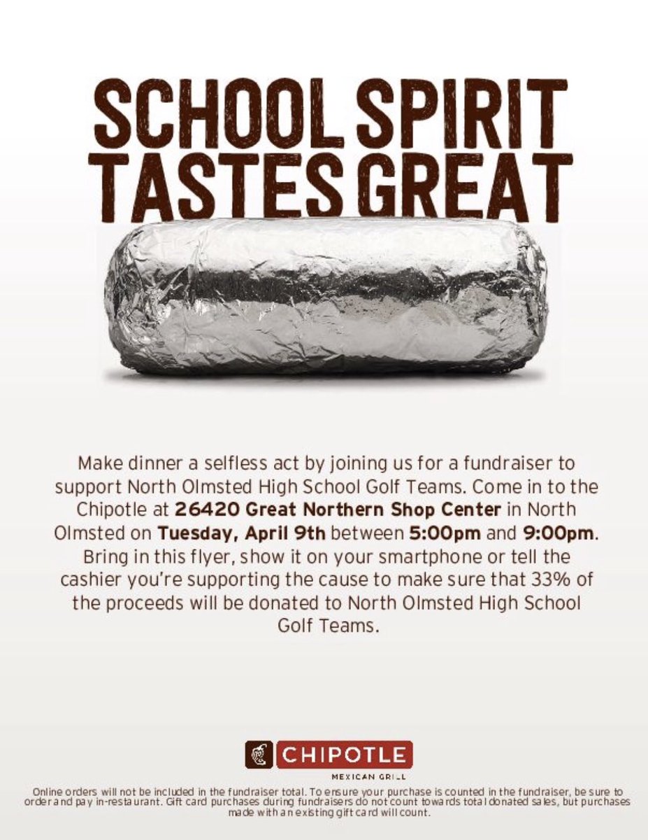 04Cosmo's tweet photo. SAVE THE DATE!  Tuesday, April 9, 2019.  Please take the night off from cooking and help support the NOHS Boys and Girls Golf Teams!  ⛳️5:00-9:00 PM @ the N Olmsted Chipotle.  

Bring in a flyer or show the cashier the flyer on your phone.  Hope to see you there! Thank you!! https://t.co/JmDjS7DTxO
