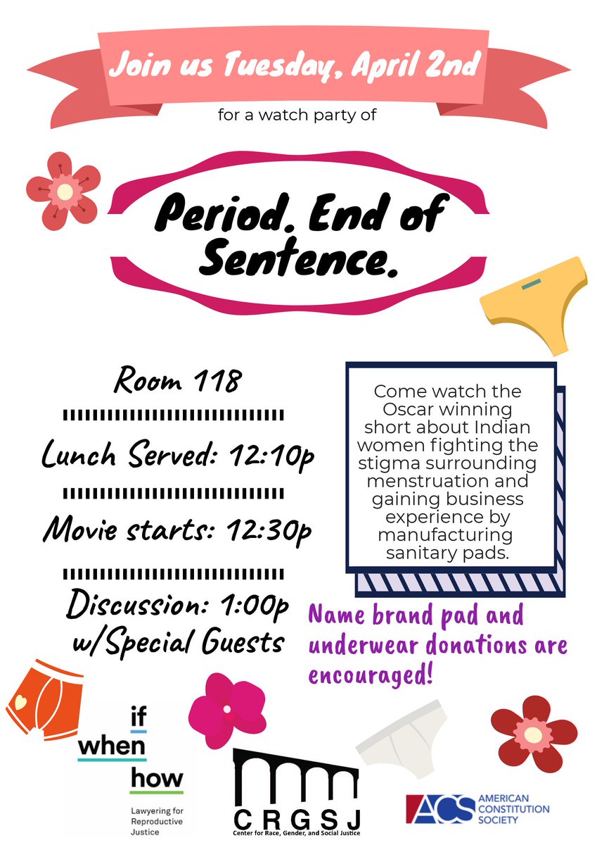 acsuclaw's tweet photo. Tomorrow (4/2) at lunch, come to Room 118 for a watch party of "Period. End of Sentence," a short about Indian women fighting the stigma surrounding menstruation. There will be time for discussion and Q&amp;A afterward. Lunch will be provided. Hope to see you there! https://t.co/S9He192iDU