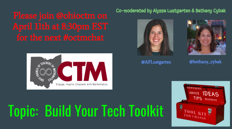 ohioctm's tweet photo. Join #octmchat Thursday 4/11 at 8:30pm EST to talk about Building Your Tech Toolkit with @AFLustgarten and @bethany_cybak! https://t.co/MHN5IPgxEW