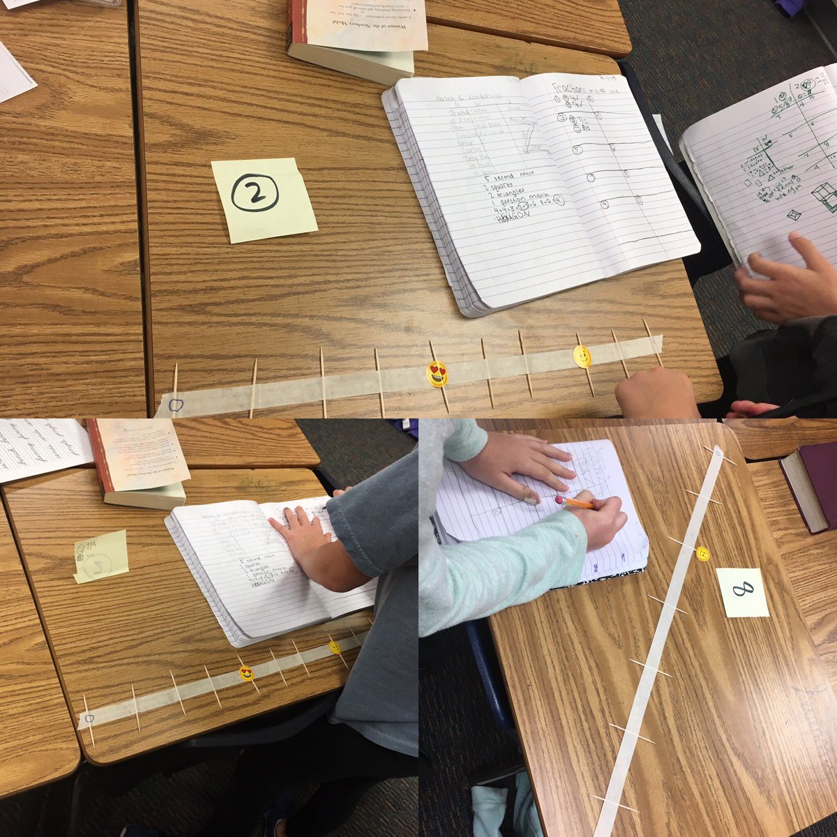 Fractions on a number line. Students created a nuberline with tape and toothpicks then wrote the 2 fractions under the sticky note. Quick and easy checks! #emojismakeitbetter #lovewhereyoulearn #hartelementary