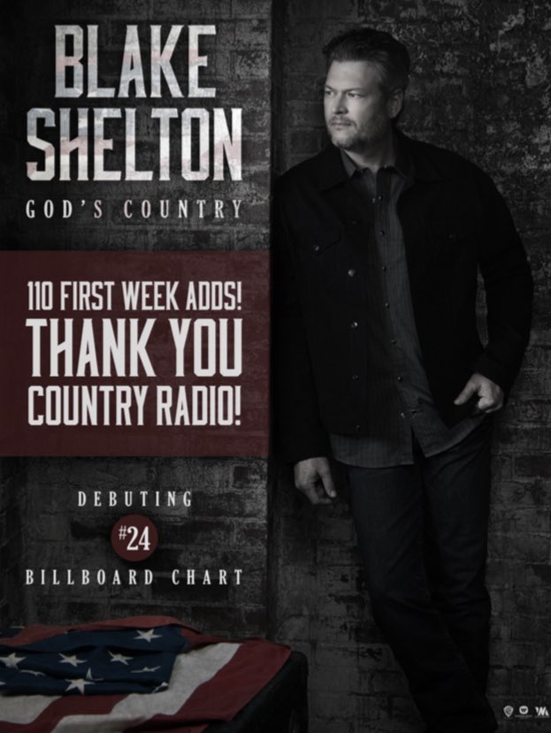 SocialMusicPro's tweet image. “God’s Country” from @blakeshelton is taking off. Over 100 first week adds and a Top 25 debut. #BlakeShelton
