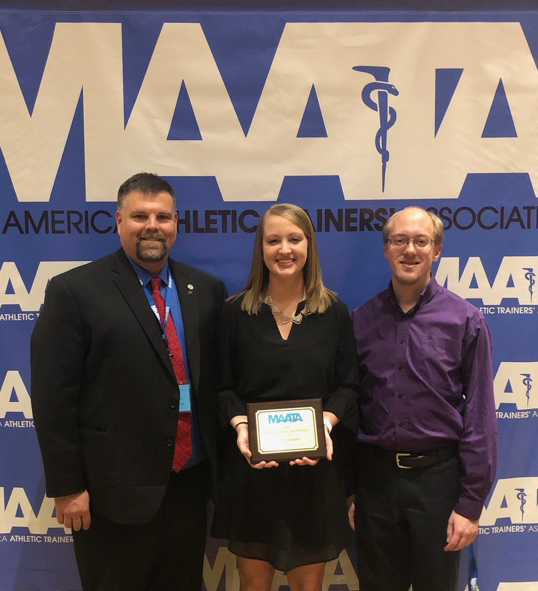 KansasATS's tweet photo. Congratulations to @FHSU_ATs senior athletic training student, Taylor Tustin, who was awarded a @MAATAD5 scholarship on Saturday.  She is pictured here with Program Director, Dr. David Fitzhugh,  and Clinical Coordinator, Jason Graham. Great job Taylor!! https://t.co/mUZ8sCCYFo