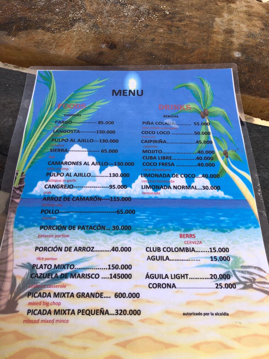 ¿Qué impresiona más de esta carta en Cholón (Cartagena), el precio del la porción de arroz o el de la limonada de coco?