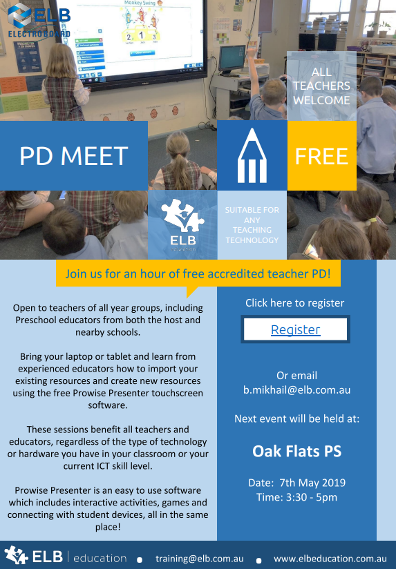 elbeducation's tweet photo. Join us for an hour of accredited Teacher PD hosted by the wonderful Oak Flats PS, to see how Prowise Presenter can be used to create interactive lessons for any teaching display or screen. No experience necessary!

Click the link to register for free!
https://t.co/2AlVKgXg4r https://t.co/juSlfKjxZM