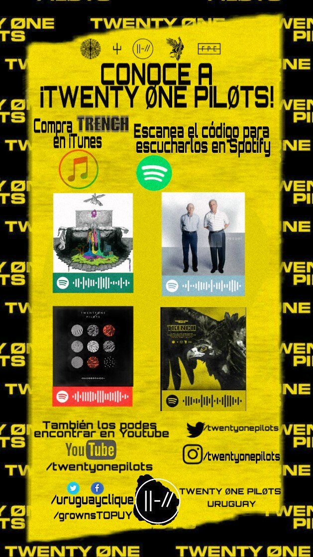 TOPuruPromocion's tweet photo. PROMOCIÓN DE TWENTY ONE PILOTS EN URUGUAY:
El propósito es que a través de esta idea tøp tenga muchas ventas/reproducciones en el país y con esto demostrar nuestro apoyo a los chicos. Aqui la info. Espero que puedan unirse! @twentyonepilots
#UruguayNeedsTheBandItoTour https://t.co/IN22W3dyqY