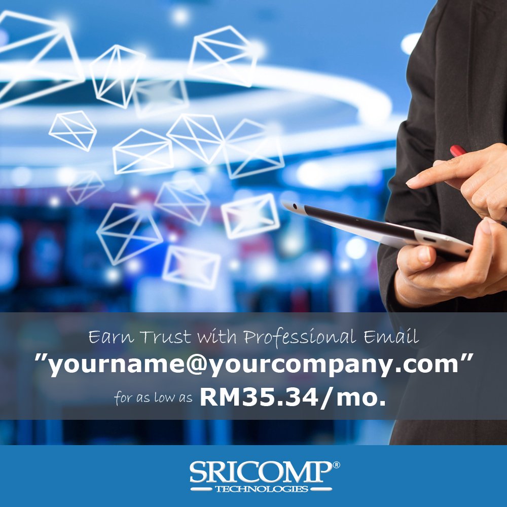 sricomptech's tweet image. You don't always have to jump through hoops to earn the trust of clients. Sometimes, all it takes is a credible business email.

Get one for as low as $8.65USD/mo. (RM35.34MYR/mo.)

#BusinessEmail
#CustomeEmailAddress
#ProfessionalEmailAddress
#SRICOMPHosting