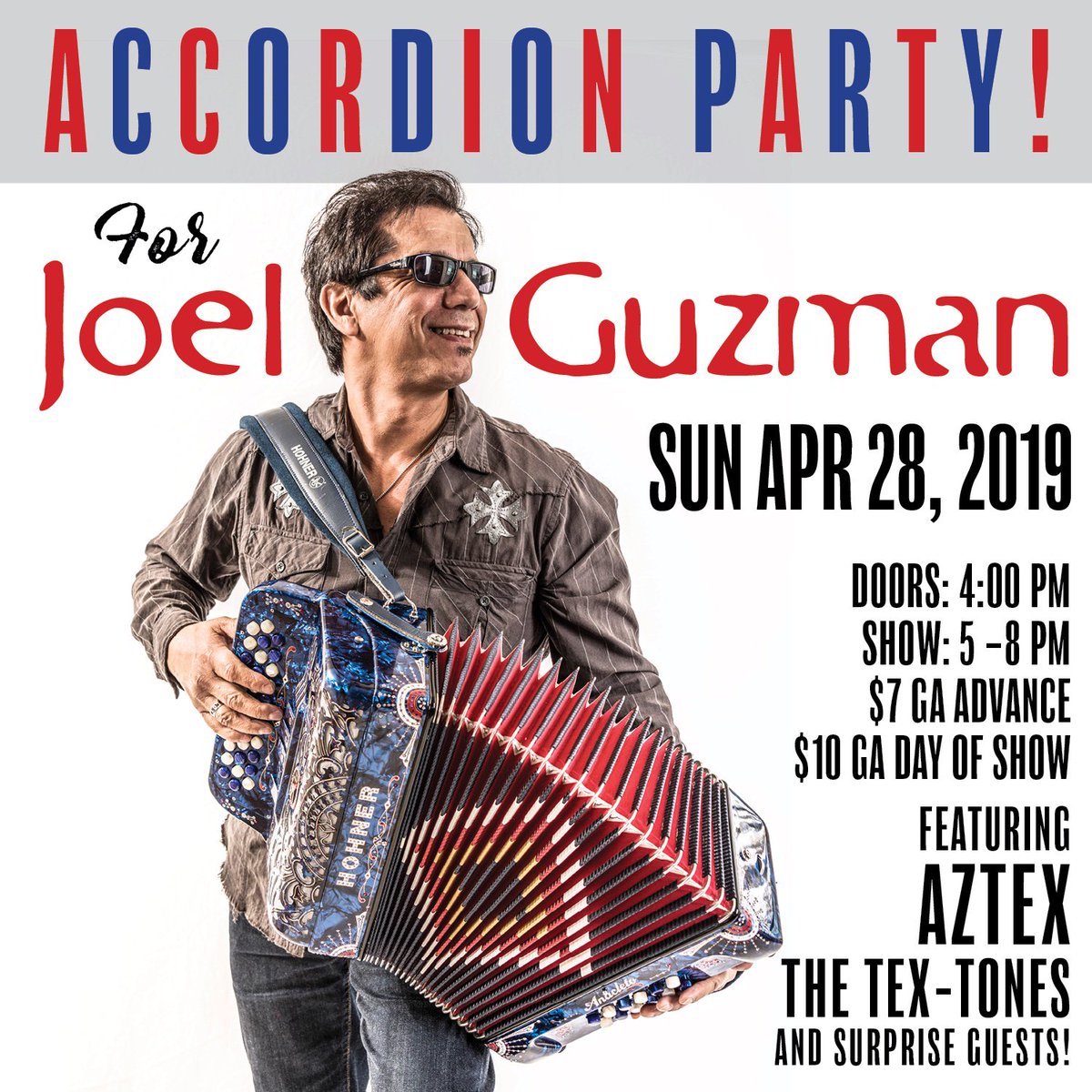 Joel Guzman Accordion Party / Birthday Bash. Sunday, April 28. Sam's Burger Joint - San Antonio,Tx eventbrite.com/e/accordion-pa…