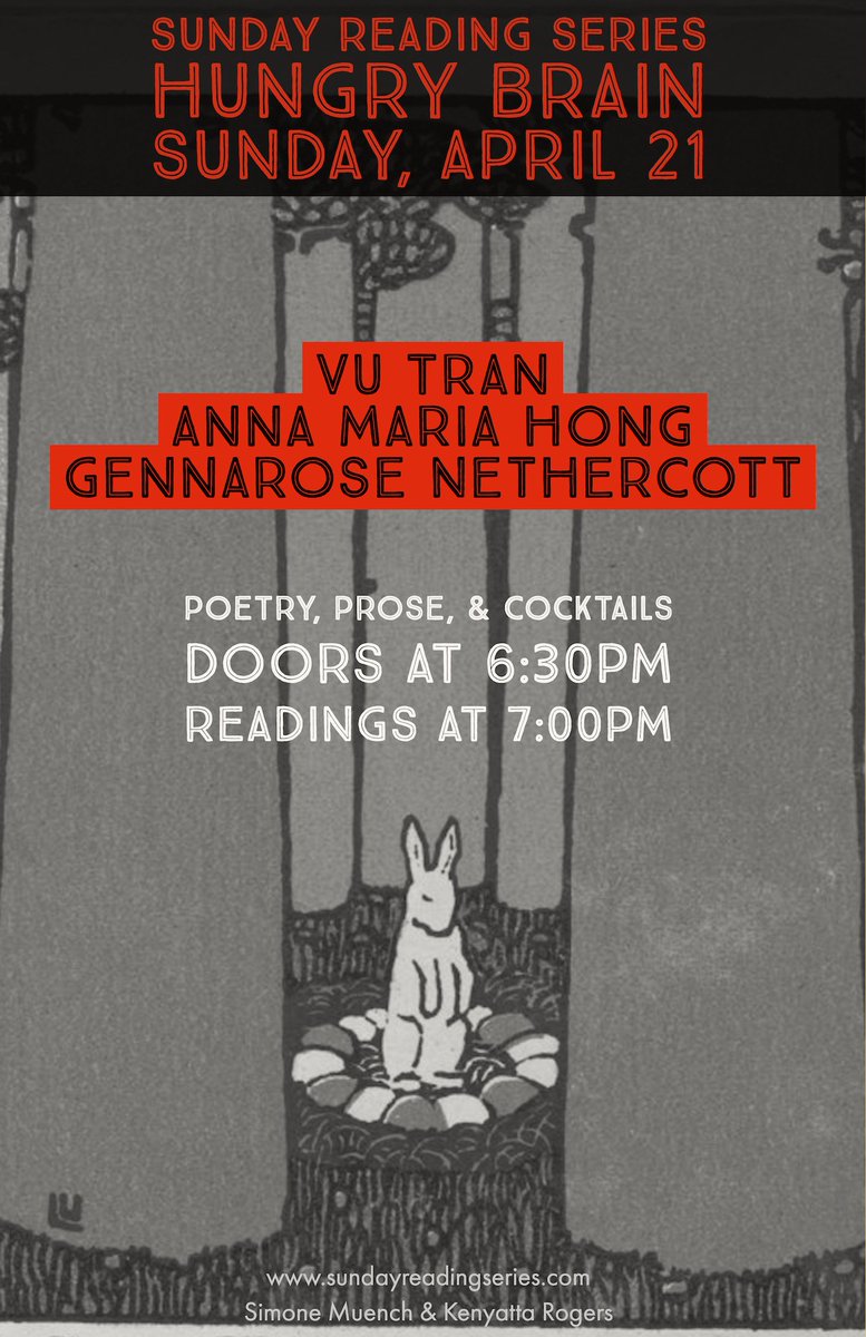 <a href="/HungryBrainChi/">Hungry Brain</a> Sunday Reading Series! Join Kenyatta and me this month for readings by <a href="/roomwithavu/">Vu Tran</a>, Anna Maria Hong, and <a href="/grnethercott/">GennaRose Nethercott</a>!