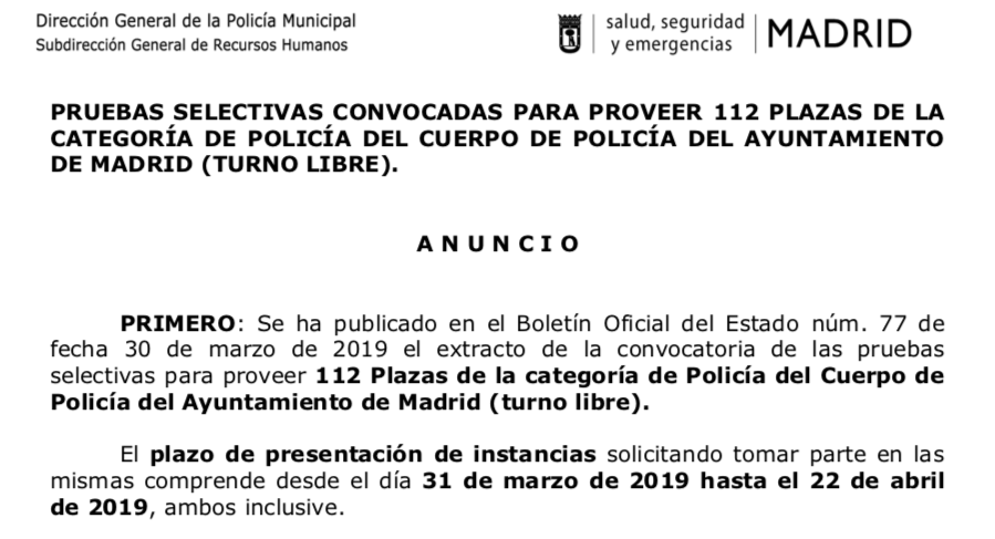 policiademadrid's tweet photo. El plazo de presentación de instancias solicitando tomar parte en las #OposicionesPMM comprende desde el día 31 de marzo hasta el 22 de abril de 2019, ambos inclusive.
Toda la info en nuestro canal de oposiciones dentro de https://t.co/hhDNutNt5q
https://t.co/jbNBAGk1p2 https://t.co/TRLxwbQMkV