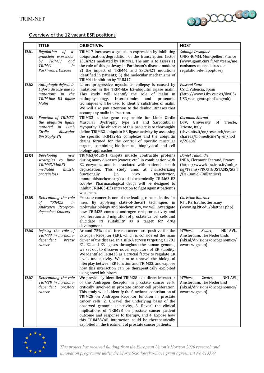 Proteostasis's tweet photo. MSCA-ITN TRIM-NET looking for 12 PhD students to integrate 9 European research institutions on biology, function and chemistry of TRIM E3 #ligases https://t.co/CzrTYNdqiU