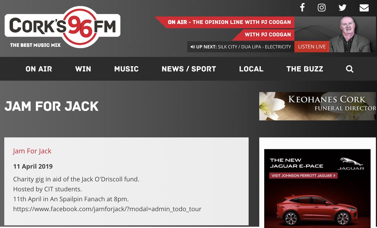 JAMFORJACK's tweet image. Delighted to be featured on the @Corks96FM diary ✨