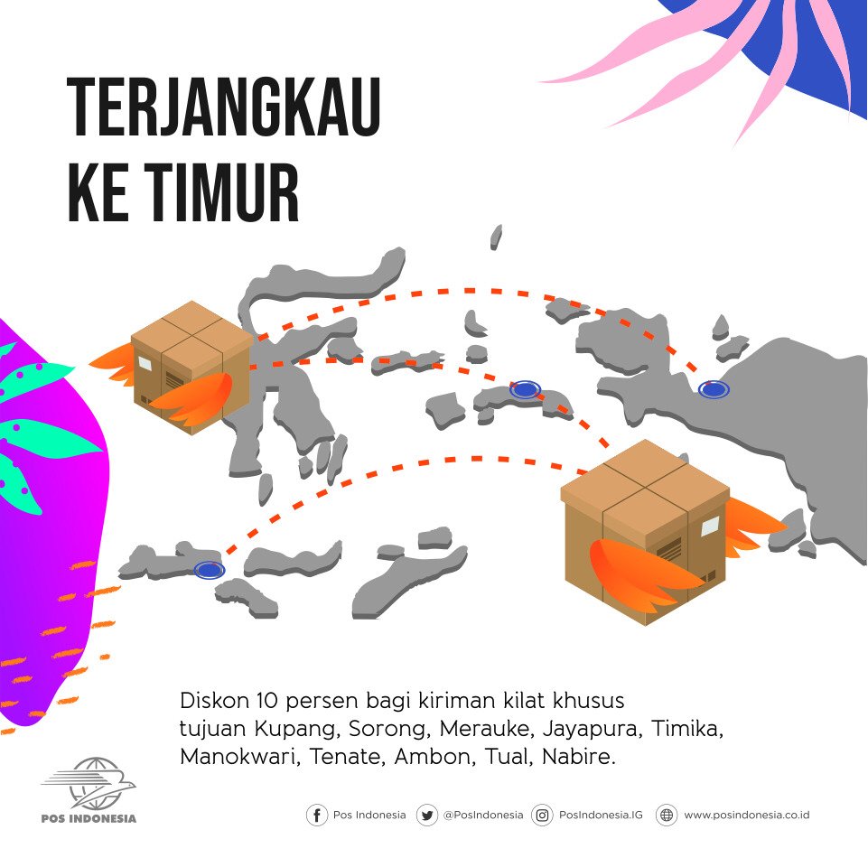PosIndonesia's tweet image. Diskon 10 persen bagi kiriman kilat khusus tujuan Kupang, Sorong, Merauke, Jayapura, Timika, Manokwari, Ternate, Ambon, Tual, dan Nabire.

#POSIndonesia #POSinaja #KabariNegeri #AmanTepatWaktu #AgenPos #BUMNhadiruntuknegeri #kurir