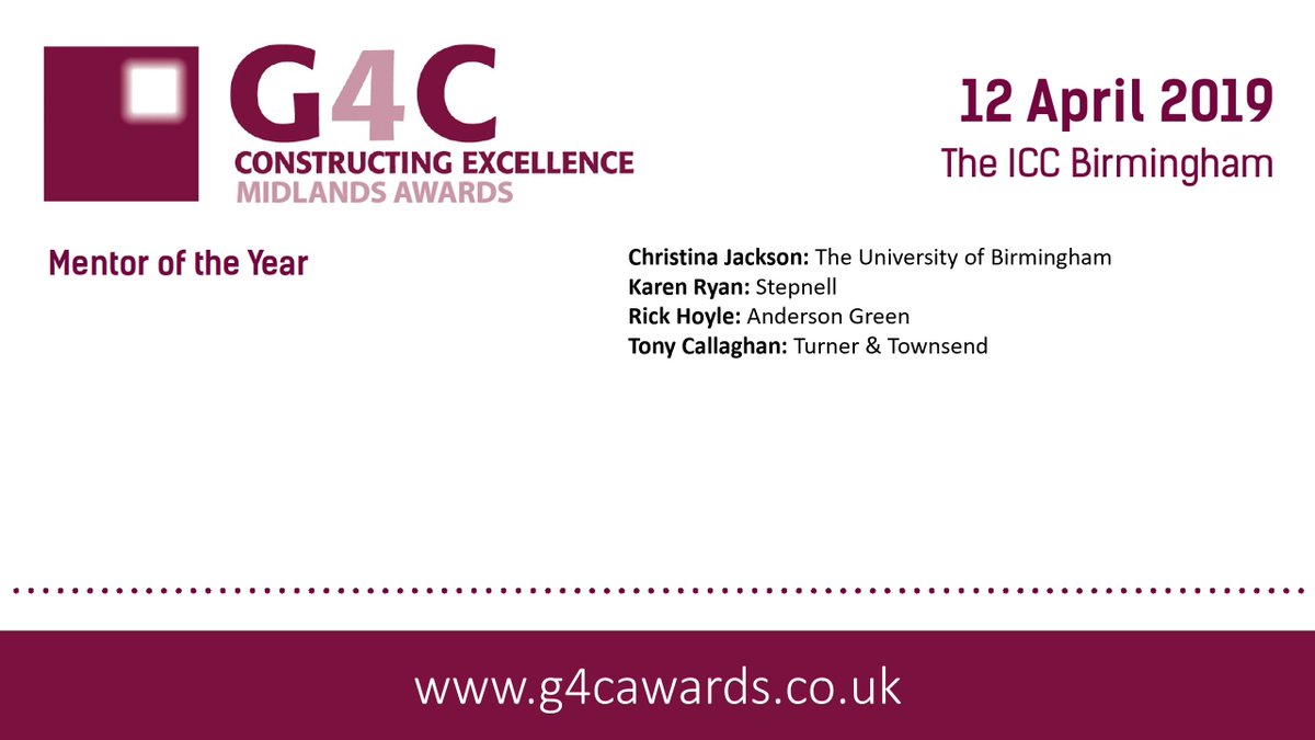 Congratulations to our 2019 Midlands #G4CAwards Mentor of the Year finalists: @anderson_green @stepnellltd @unibirmingham @turnertownsend Full list of finalists here: g4cawards.co.uk/finalists