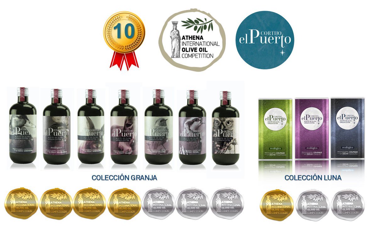 CortijoelPuerto's tweet photo. 10 medallas en Grecia!!!
Todos los #AOVE de las colecciones LUNA y GRANJA que hemos presentado al prestigioso Concurso Internacional de Aceites de Oliva Virgen Extra "#ATHENAIOOC 2019" celebrado recientemente en Nafplio, Argolida, Grecia han obtenido medalla, ευχαριστώ !!! #EVOO https://t.co/rz4kchtvxy