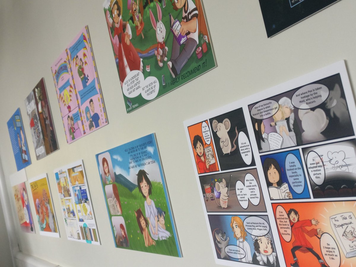 AwkwardBex's tweet photo. Our level 6 @cartoonandcomic arts students are displaying the work they produced for The Sentinel's 'Our Big Read' initiative in the library today! #comics #ourbigread @StaffsUni @staffsuni_cae https://t.co/zM9sA8IByY