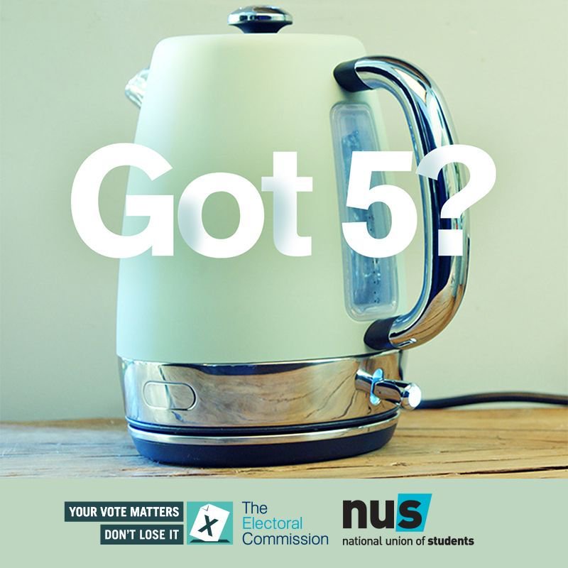 🕰️ Got 5 while the kettle boils for your breakfast tea? 🍵 

Students will have a chance to make their voices heard at the ballot box on Thursday 2 May 2019 📢 Join the campaign and ensure they're registered before Friday 12 April buff.ly/2CSPUv7 <a href="/ElectoralCommUK/">Electoral Commission</a>