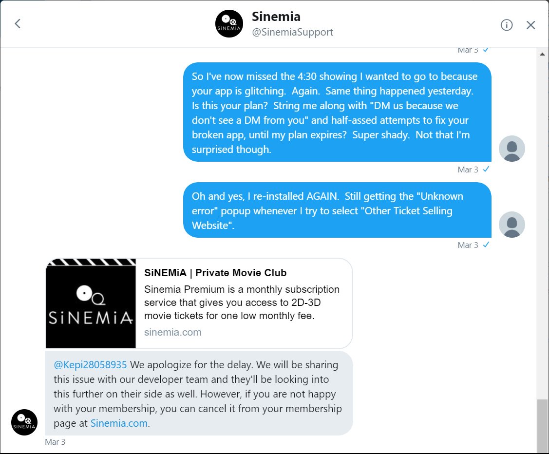 Kepi28058935's tweet photo. @MaruthiGundeti @SinemiaApp #Scamemia has known about the app glitching for A MONTH with NO FIX! See screenshot. Shouldn't take this long for a "professional" company. Seems like sabotage so they don't go broke. Might wanna dispute charge(s) with bank/credit card since you're not getting what you paid for. https://t.co/2s4YT8kSy7