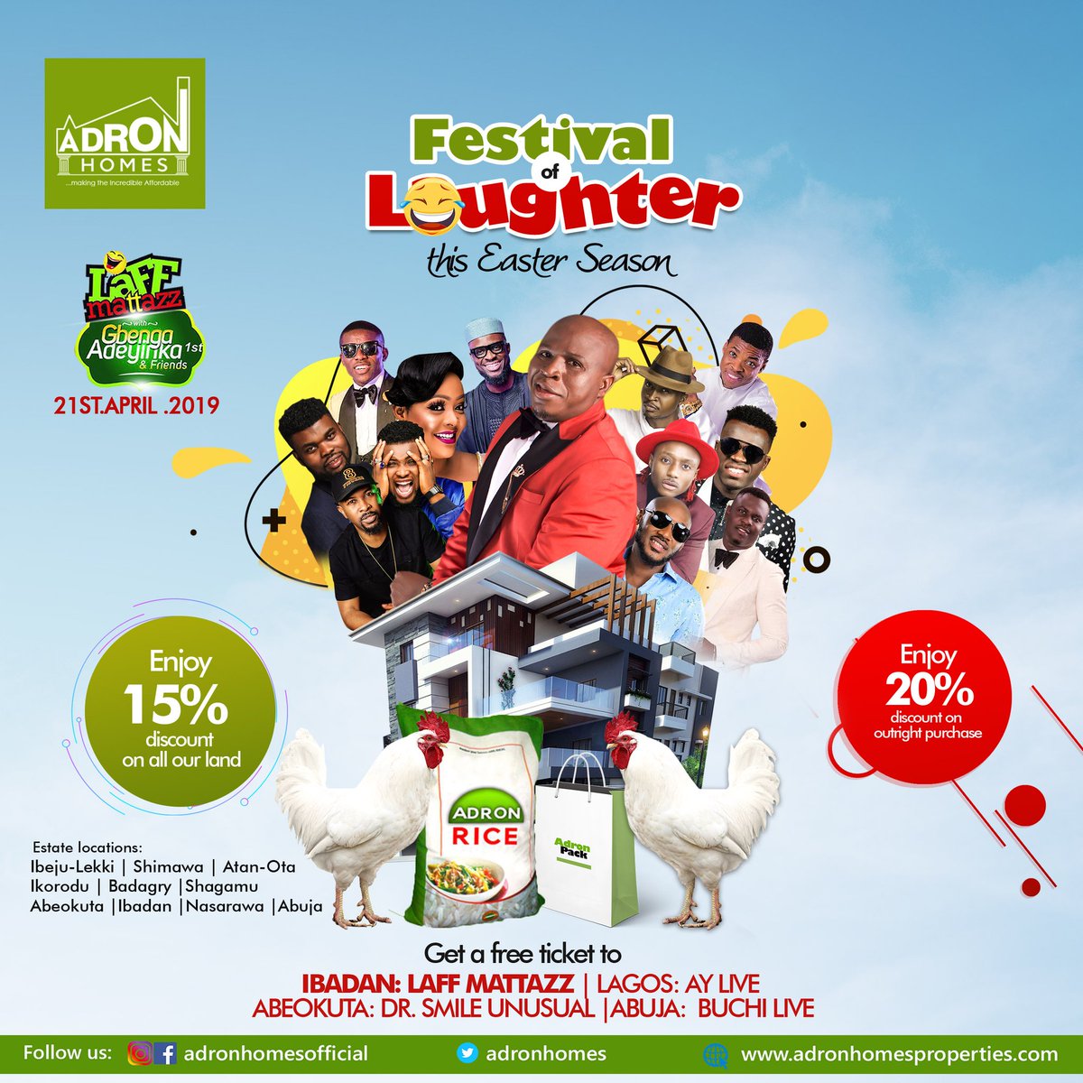 AdronHomes's tweet photo. Festival of Laughter is here! Spend this Easter laughing your way to becoming a land owner.Get free ticket to Ggenga Adeyinka the 1st Laff Mattaz in Ibadan and other gift items.This Easter is going to be an #easter2remember #festivaloflaughter #adronchickendance #AdronEasterPromo https://t.co/lEYFFFeJrG