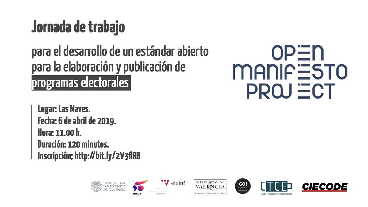 Si creías que los programas electorales seguían el camino marcado por @elroto_rss es que aún no conoces el trabajo de Open Manifesto Project con @CIECODE y <a href="/GO_DIVAL/">Govern Obert DIVAL</a> Jornada en @LasNavesINN Valencia 👇Realizaremos demo con #GoogleHome Inscripción: bit.ly/2UtnaTy