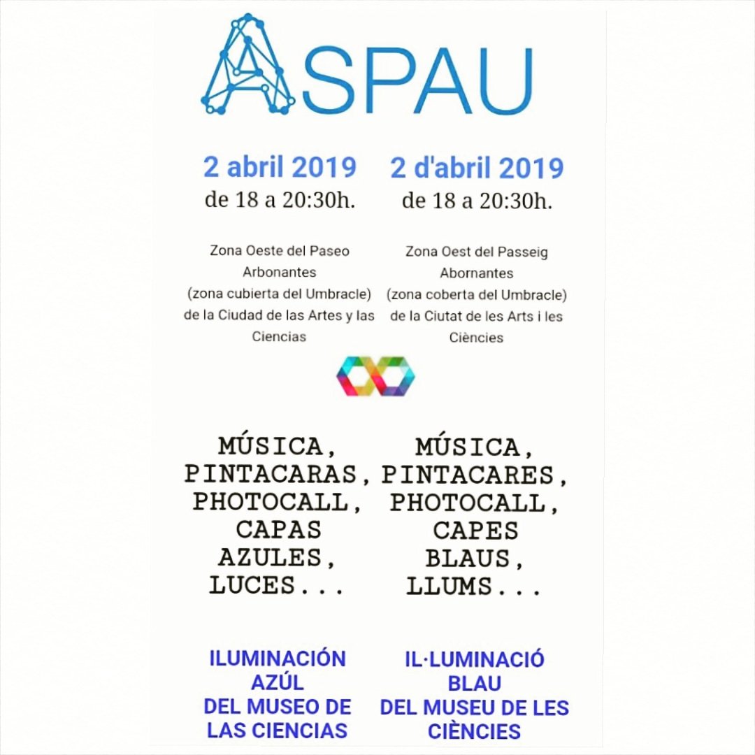 Venid a celebrar el #DiaMundialAutismo en la <a href="/CACiencies/">Ciudad Artes Ciencia</a> de Valencia, a partir de las 18 horas en la zona cubierta del Umbracle: pintacaras, photocall y capas azules para que seáis super-heróes por el #autismo. Y mejor vestidos de azul! Os esperamos.