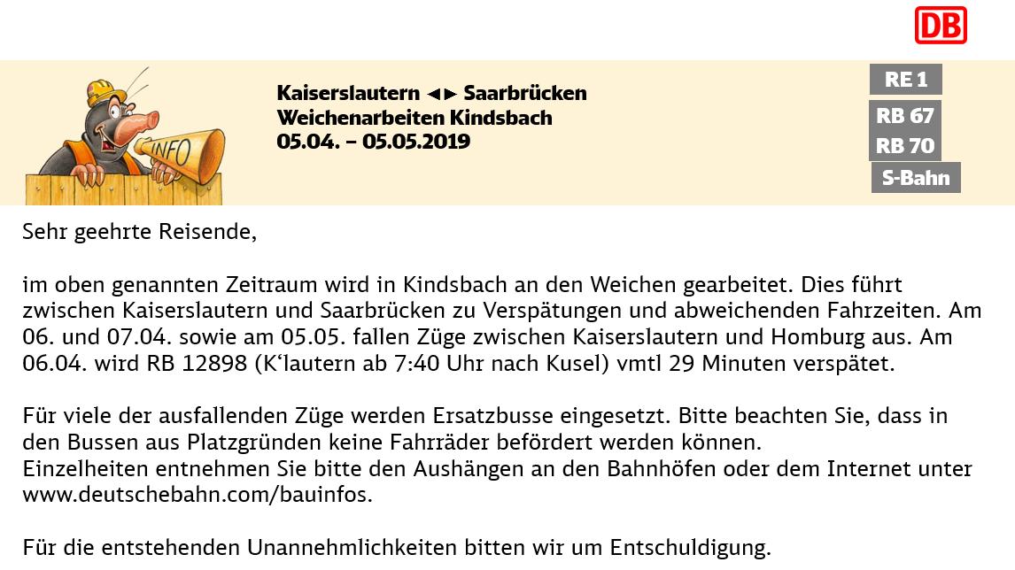 #Bauarbeiten in #Kindsbach 
Im Zeitraum vom 05.04.2019 bis 05.05.2019 wird zwischen #Kaiserslautern und #Saarbrücken an einer #Weiche gearbeitet.
Weitere Infos finden Sie unter 👉🏽 bit.ly/2U9rgky