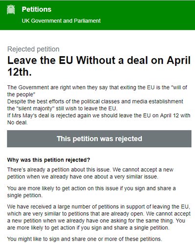 So what's happening here then? 

Rejected petition
Leave the EU Without a deal on April 12th.

Last time I looked, the petition had gathered over 170K+ signatures in 3 days.

So how come the fake Art50 petition is still allowed to run?

#DemocracyDenied