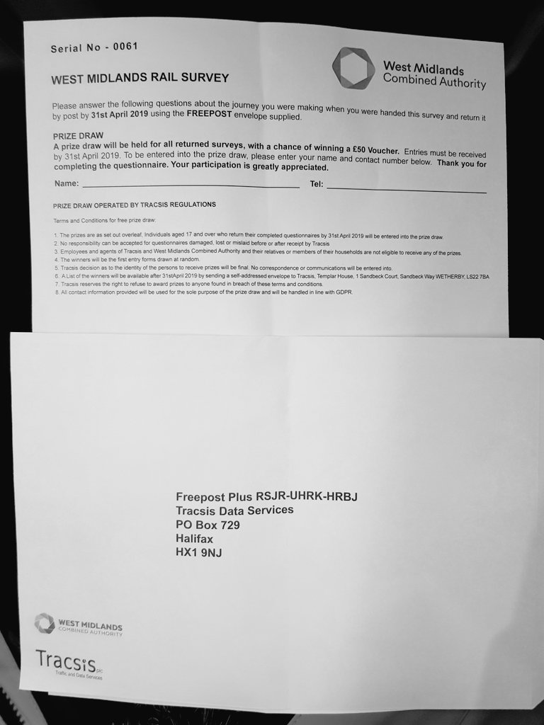 anaMflorescu's tweet photo. @WestMids_CA @Tracsis Was handed this survey at Coventry station. No information as to why the data is being collected, how it's going to be used or stored. Data  (postcode level detail) about people's daily commutes. Are you expecting people to fill these out? https://t.co/vywEcTfBj6