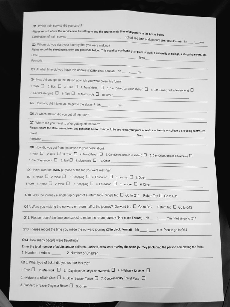 anaMflorescu's tweet photo. @WestMids_CA @Tracsis Was handed this survey at Coventry station. No information as to why the data is being collected, how it's going to be used or stored. Data  (postcode level detail) about people's daily commutes. Are you expecting people to fill these out? https://t.co/vywEcTfBj6