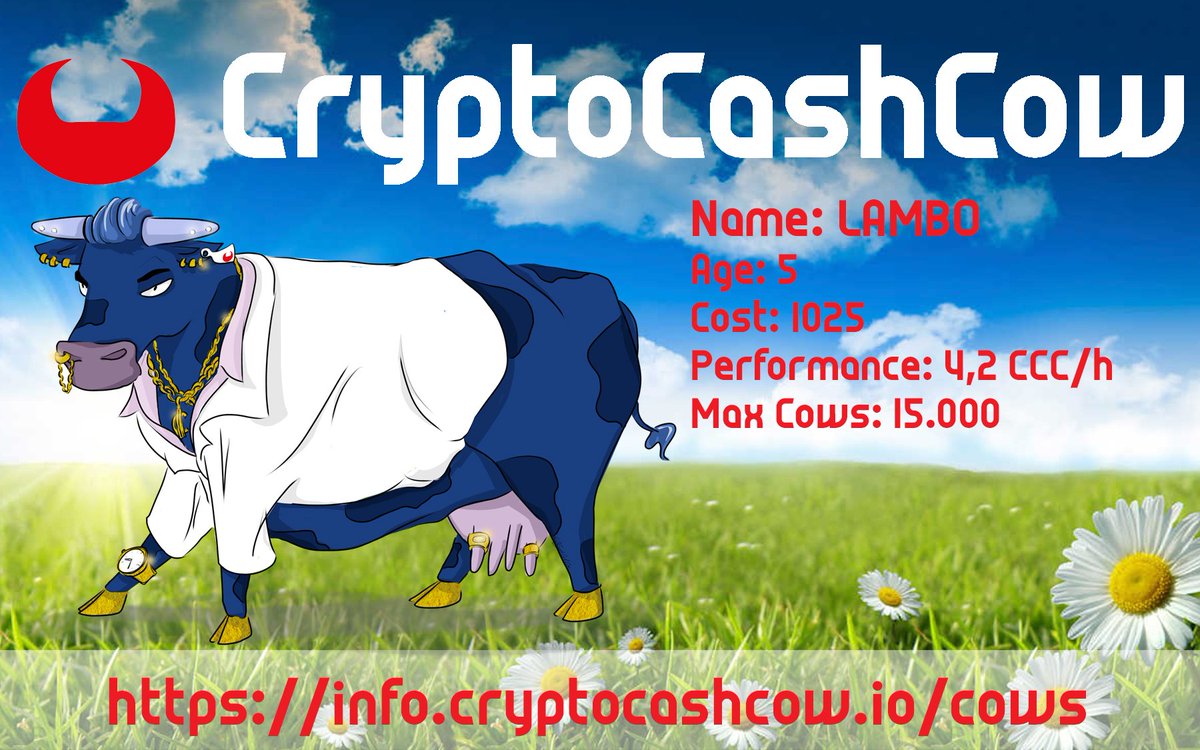 🔥🔥🔥This is our LAMBO cow!!! This level 5 cow produces 4,2 CCC tokens per hour. It is available for only 1025 CCC Tokens on cryptocashcow.io  . Only 15.000 cow's available so hurry up and get your one!!! Infos -> info.cryptocashcow.io/cows/   #CryptoCashCow #ToTheMoon🔥🔥🔥