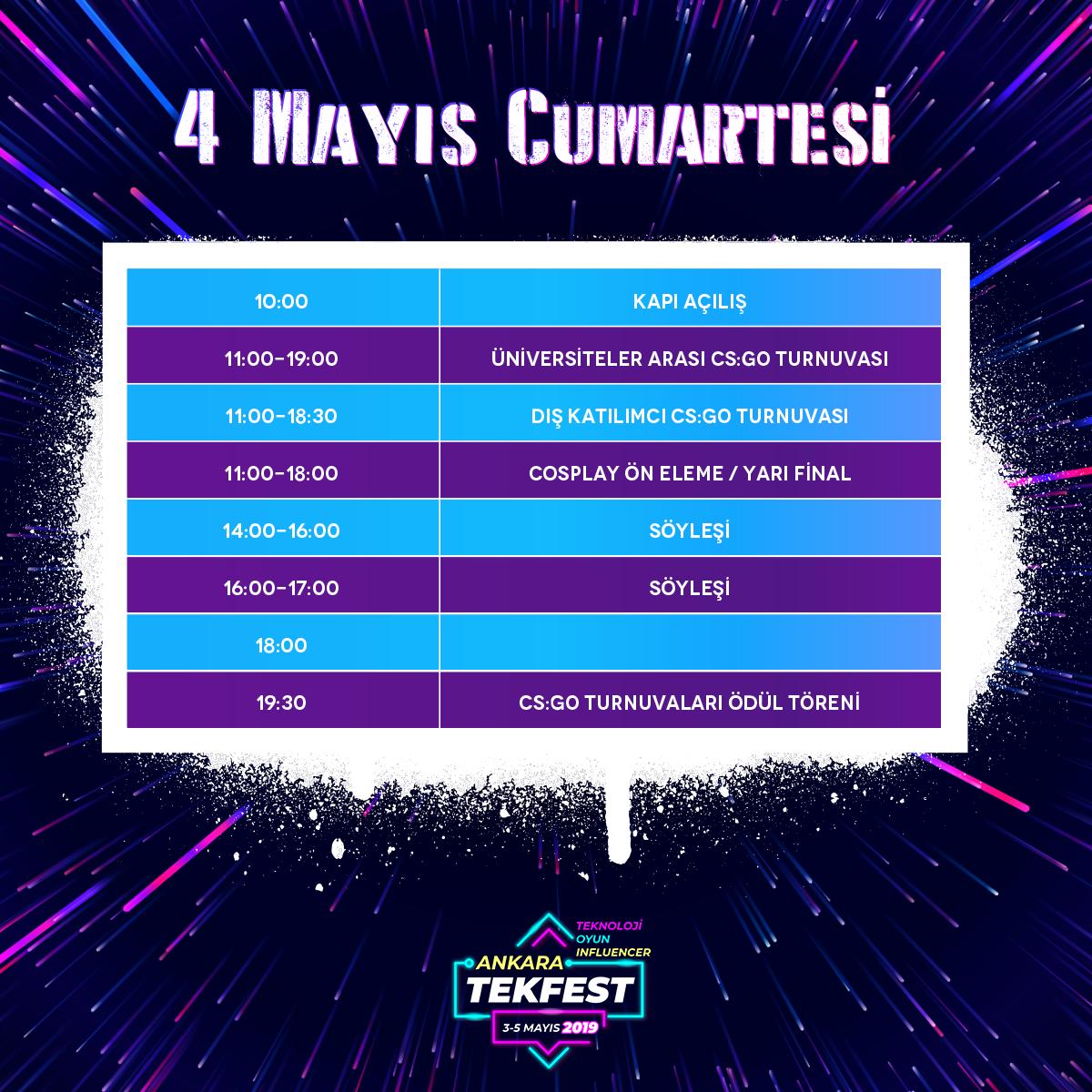 tekfestankara's tweet photo. Tekfest Ankara | 4 Mayıs Cumartesi günü programı
Hafta sonu daha eğlenceli geçemezdi demek için Biletler Biletix'te! 🎟️👇👇
https://t.co/qKKcHwhjsK

#tekfest #oyun #cosplay #turnuva #espor #söyleşi #influencers #twitch #twitchtv #ankara @Biletix https://t.co/4pTE4ueMDX