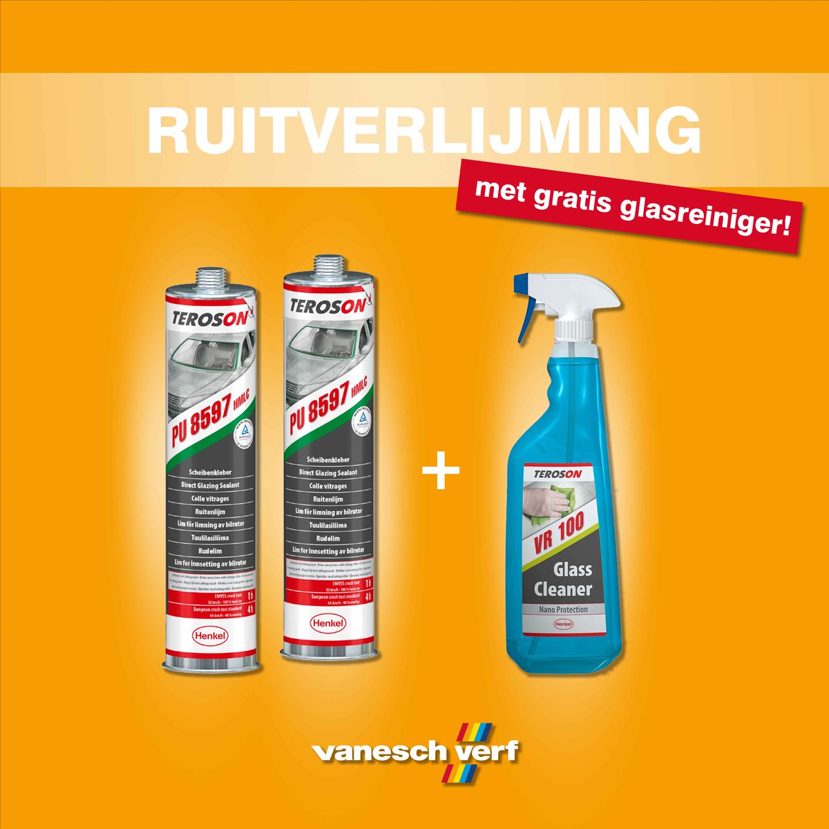 Deze VR 100 Glasreiniger is perfect om (auto)ruiten streepvrij te reinigen, maar ook om het interieur op te frissen. Je ontvangt de VR 100 nu gratis bij aankoop van 2 kokers Teroson PU 8596, PU 8597 HMLC of Teroson PU 9097 PL HMLC. Meer info: bit.ly/2YsjWPs
