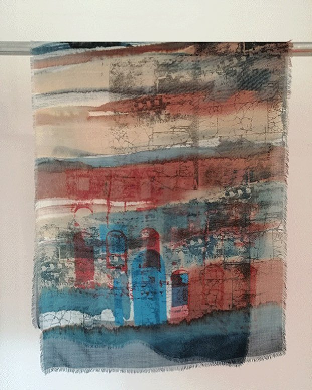 A fine wool gauze shawl in soft pink blue and grey, inspired by the January sunlight on the walls of the Colosseum in Rome – and with screenprinted images taken from my photographs. £195. Unique. We also offer all styles custom made in your chosen colourway. Please DM. #silk…